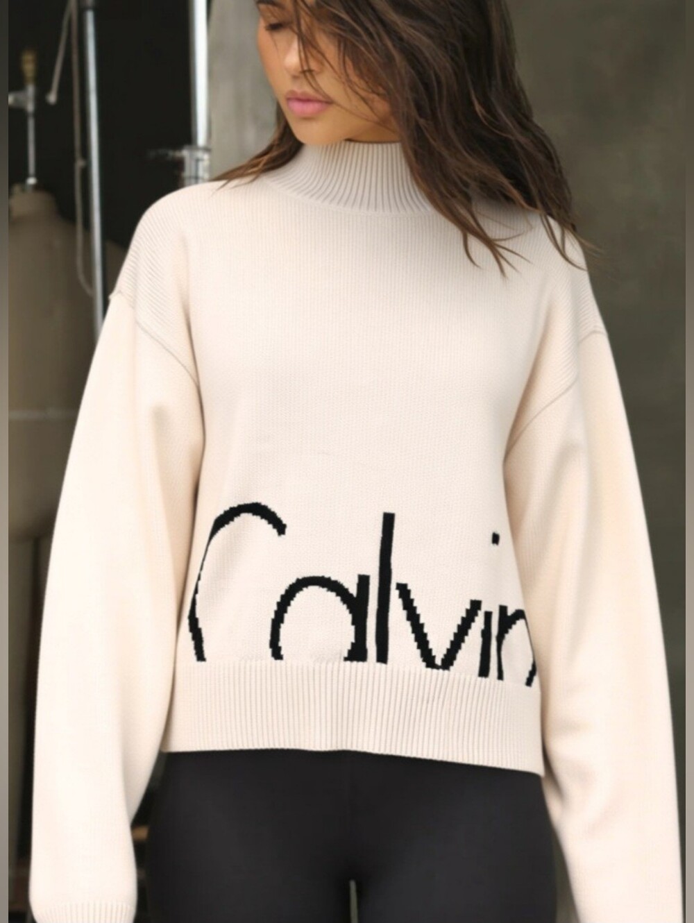 Calvin Klein Off White Turtle Neck Logo Sweater
